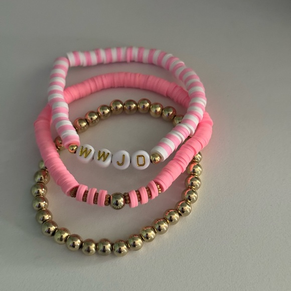 WWJD Pink & Gold Pastel Clay Christian Faith Jewelry Jesus Bracelet Heishi Style - Picture 5 of 8